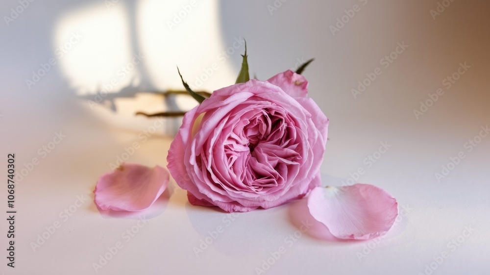 A photo of a flower radiating sweet tenderness. It is a pink rose with several falling petals. The rose is placed on a white background with space for text. A photo of a flower radiating sweet tenderness. It is a pink rose with several falling petals. The rose is placed on a white background with space for text.