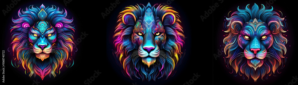 Three colorful lion heads with geometric patterns against a black background. Three colorful lion heads with geometric patterns against a black background.