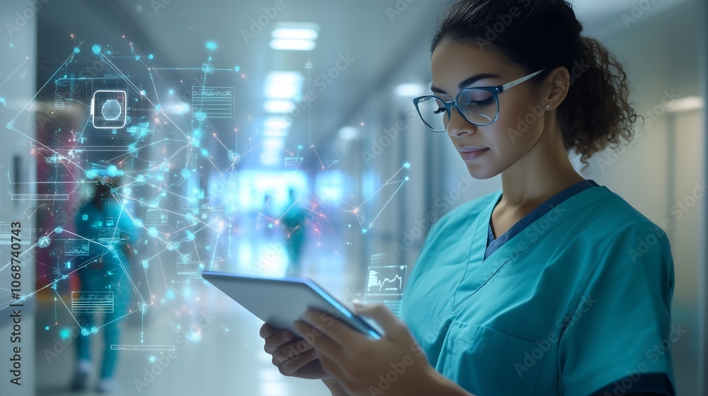 A healthcare worker in scrubs, examining data on a tablet with a blurred hospital hallway in the background, holographic data, computer A healthcare worker in scrubs, examining data on a tablet with a blurred hospital hallway in the background, holographic data, computer
