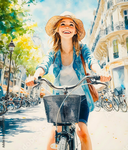 Jeune fille avec un chapeau en vélo en ville en été