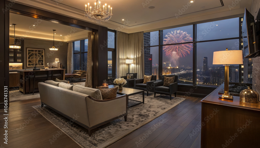 luxury modern apartment home with New Year's fireworks display outside the glass windows, Scandinavian design luxury modern apartment home with New Year's fireworks display outside the glass windows, Scandinavian design