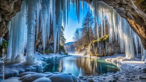 A PNG image featuring cave icicles hanging from the ceiling, formed by frozen water in a natural winter setting. The sharp, glistening ice formations evoke the beauty of winter landscapes.