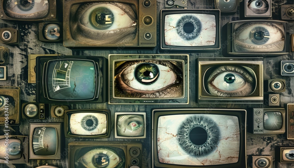 Obraz premium Mind-Bending 3D Retro Abstract Artwork: Hypnotic TV Computer Monitor Collage