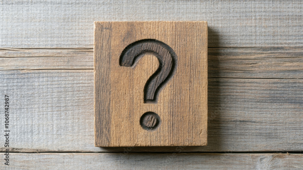 A wooden block with a carved question mark sits on a rustic wooden surface, symbolizing inquiry and curiosity. A wooden block with a carved question mark sits on a rustic wooden surface, symbolizing inquiry and curiosity.