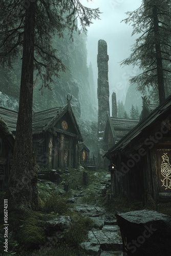 An ancient misty village with rustic buildings runestones and a dark mystical atmosphere. photo