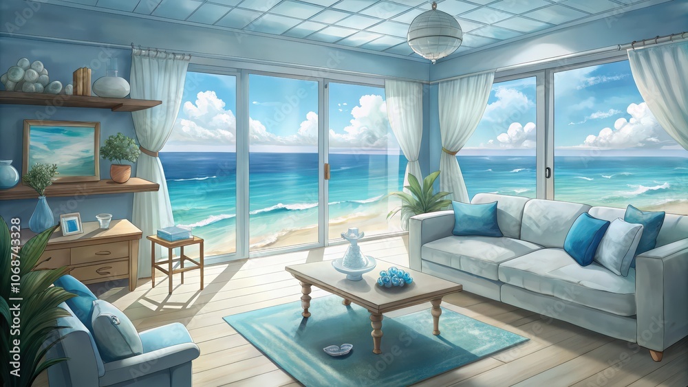 Fototapeta premium Coastal Living Room with Ocean View and Blue Decor