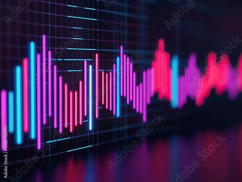 A vibrant audio waveform visualization in pink and blue hues, depicting sound amplitude fluctuations against a dark background.