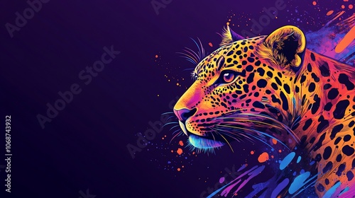 A vibrant, colorful illustration of a leopard's head against a purple background. The leopard is rendered in bright, neon colors, with splashes of paint surrounding it. photo