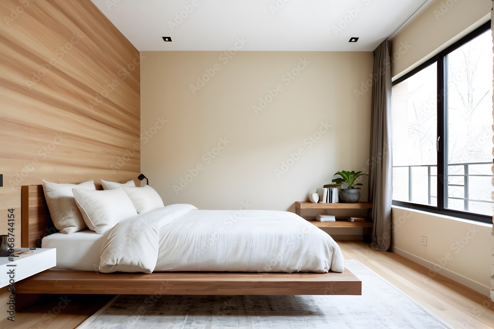 Modern beige bedroom with a platform bed and empty wall with copy space. Modern beige bedroom with a platform bed and empty wall with copy space.