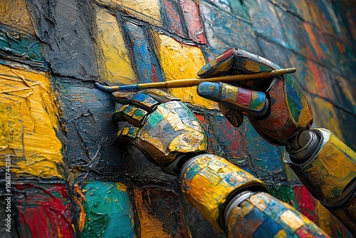 An AI robot creating a vibrant mural in an urban setting during daylight