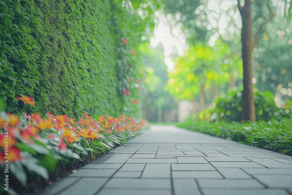 Vibrant tropical foliage along a serene pathway in a lush garden setting Vibrant tropical foliage along a serene pathway in a lush garden setting