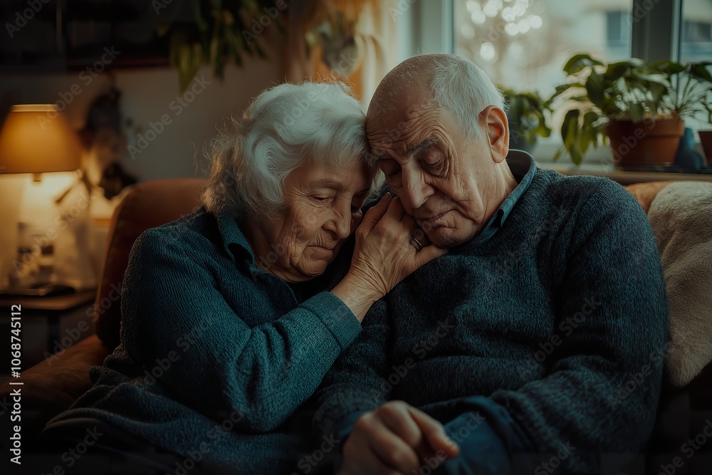 Elderly woman with white hair shares a tender moment with her partner in a cozy living room filled with plants and warm lighting in the evening Elderly woman with white hair shares a tender moment with her partner in a cozy living room filled with plants and warm lighting in the evening