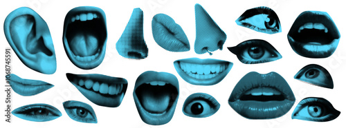 Halftone Collage Element Set of Mouth, Ear, Eyes and Lips with Scream and Sound Effects. Punk Grunge Texture on white Background.