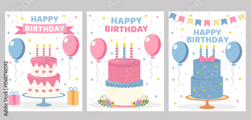 Set of happy birthday poster design. Birthday greeting with balloons and cake. Vector Illustration.