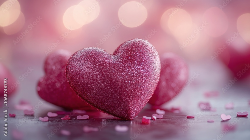 Fototapeta premium Pink Glitter Hearts with Blurred Background and Scattered Hearts