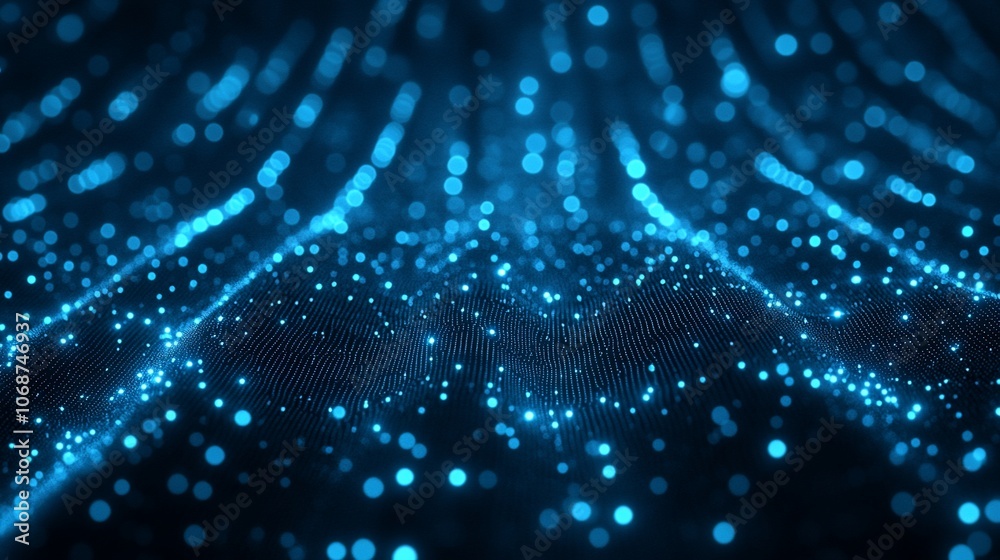 Abstract blue digital particles in motion, creating a wave-like pattern on a dark background. Abstract blue digital particles in motion, creating a wave-like pattern on a dark background.