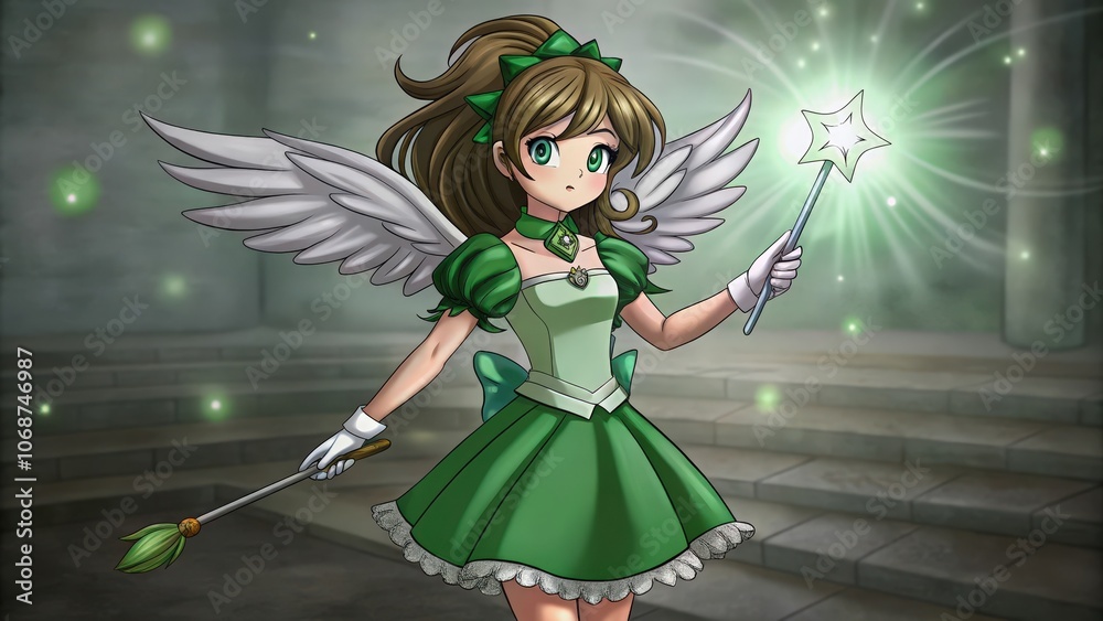 Green-Eyed Angel with White Wings and Star-Topped Wand Green-Eyed Angel with White Wings and Star-Topped Wand