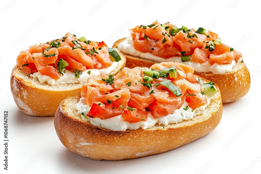 Bruschetta with cream cheese, salmon and vegetables isolated on a white background. Toast isolated. Sandwich isolated. Sandwich with salmon and cheese. High quality photo Bruschetta with cream cheese, salmon and vegetables isolated on a white background. Toast isolated. Sandwich isolated. Sandwich with salmon and cheese. High quality photo