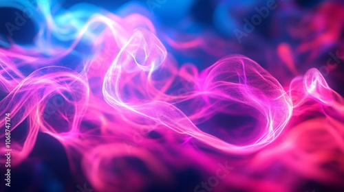 Abstract background with swirling pink and blue light trails on a dark background.