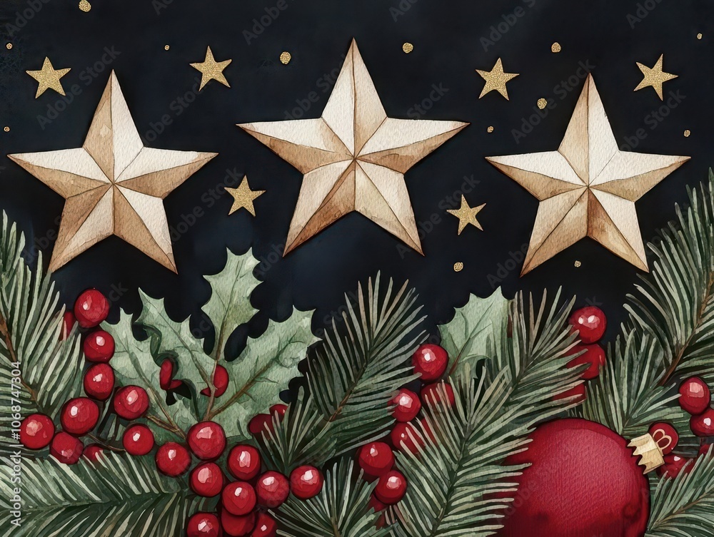 A festive Christmas design featuring three stars, holly, red berries, and a shiny ornament against a dark background.