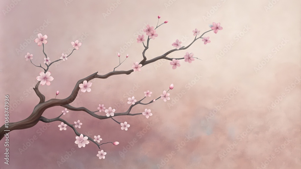 Fototapeta premium A single cherry blossom branch with pink flowers against a soft pink background