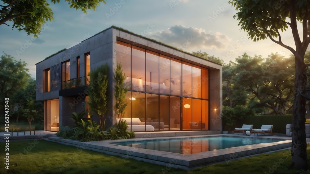 Fototapeta premium Modern House, Pool, Sunset, Architecture, Luxury, Home, Design, Green Roof, Garden, Trees