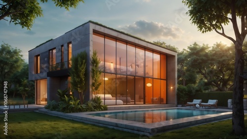 Modern House, Pool, Sunset, Architecture, Luxury, Home, Design, Green Roof, Garden, Trees