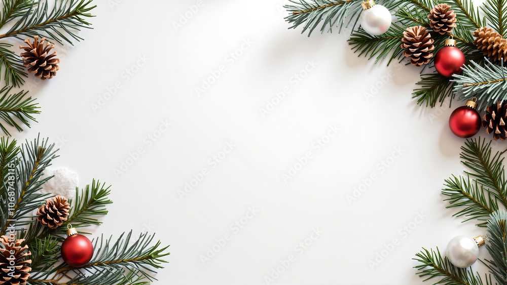 Christmas-themed frame featuring evergreen branches adorned with seasonal ornaments on white backdrop. Ample copy space perfect for holiday greetings or festive message Christmas-themed frame featuring evergreen branches adorned with seasonal ornaments on white backdrop. Ample copy space perfect for holiday greetings or festive message