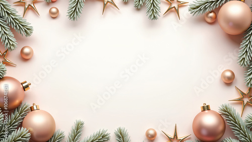 Christmas-themed frame featuring evergreen branches adorned with warm pastel color ornaments. Ample copy space perfect for holiday greetings or festive messages