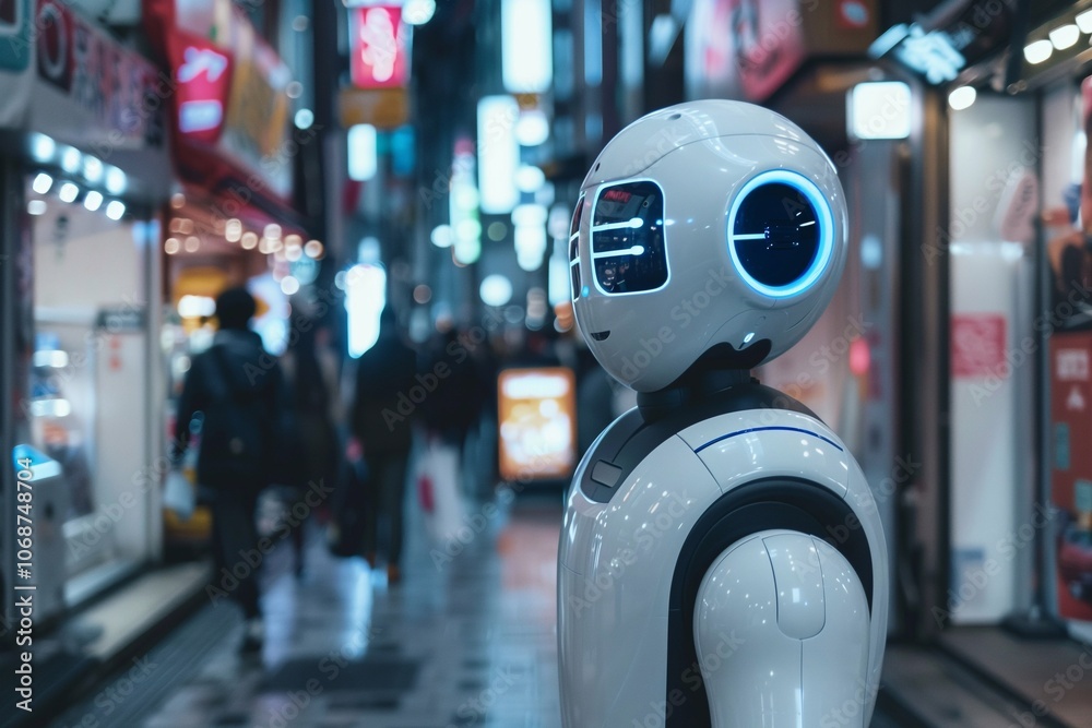A robot stands on a busy street, engaging in purchases among vibrant city lights A robot stands on a busy street, engaging in purchases among vibrant city lights