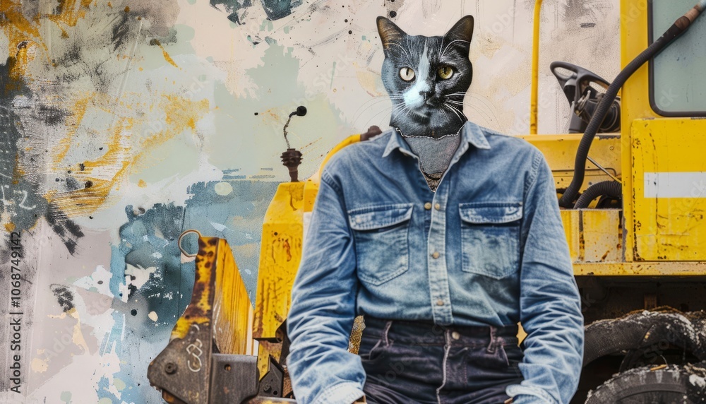 Mechanical Enigma: Surreal Headless Man Worker Cat Collage Mechanical Enigma: Surreal Headless Man Worker Cat Collage