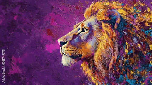 A powerful and majestic lion painted in a vibrant abstract style, with a purple background. photo