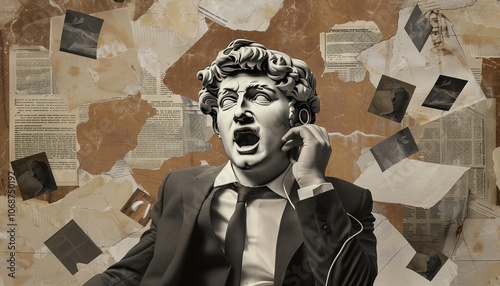 The Joyful Fusion: A Contemporary Collage of a Man with the Plaster Head of David Listening to Wirel photo