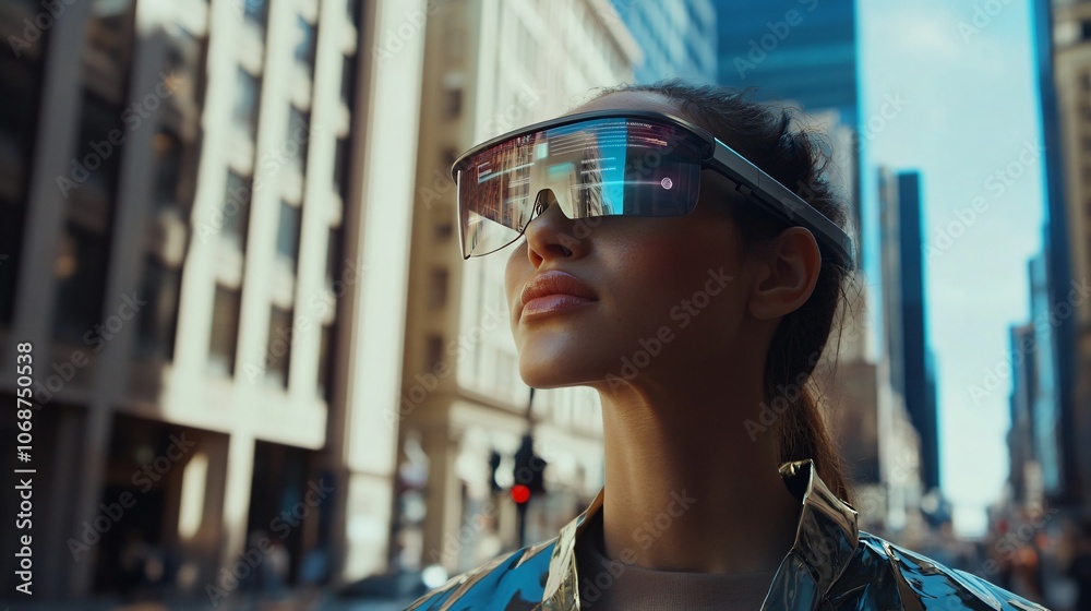 Woman in futuristic glasses looking up in the city Woman in futuristic glasses looking up in the city