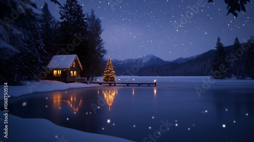 A cozy cabin and lit tree by a snowy lakeside under a starry night sky winter scene. photo