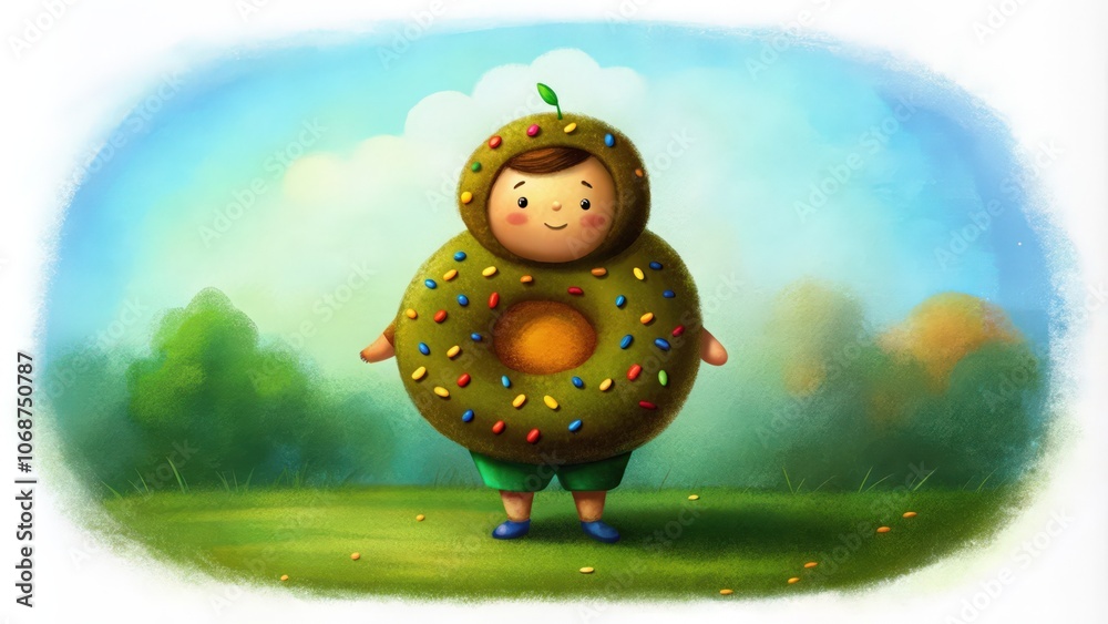 Obraz premium A Child Dressed as a Sprinkled Donut Standing in a Grassy Field