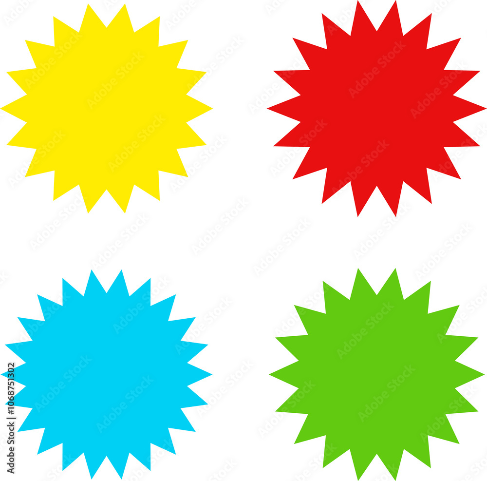Different color starburst sunburst badges shapes, sticker set. Collection of special offer sale oval and round shaped sunburst labels and badges. Promo stickers with star edges. Different color starburst sunburst badges shapes, sticker set. Collection of special offer sale oval and round shaped sunburst labels and badges. Promo stickers with star edges.