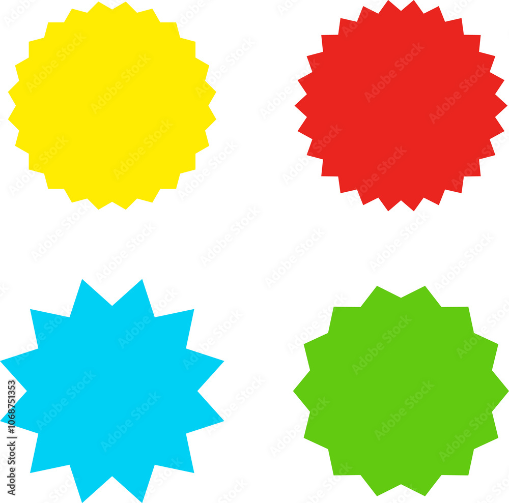 Different color starburst sunburst badges shapes, sticker set. Collection of special offer sale oval and round shaped sunburst labels and badges. Promo stickers with star edges. Different color starburst sunburst badges shapes, sticker set. Collection of special offer sale oval and round shaped sunburst labels and badges. Promo stickers with star edges.