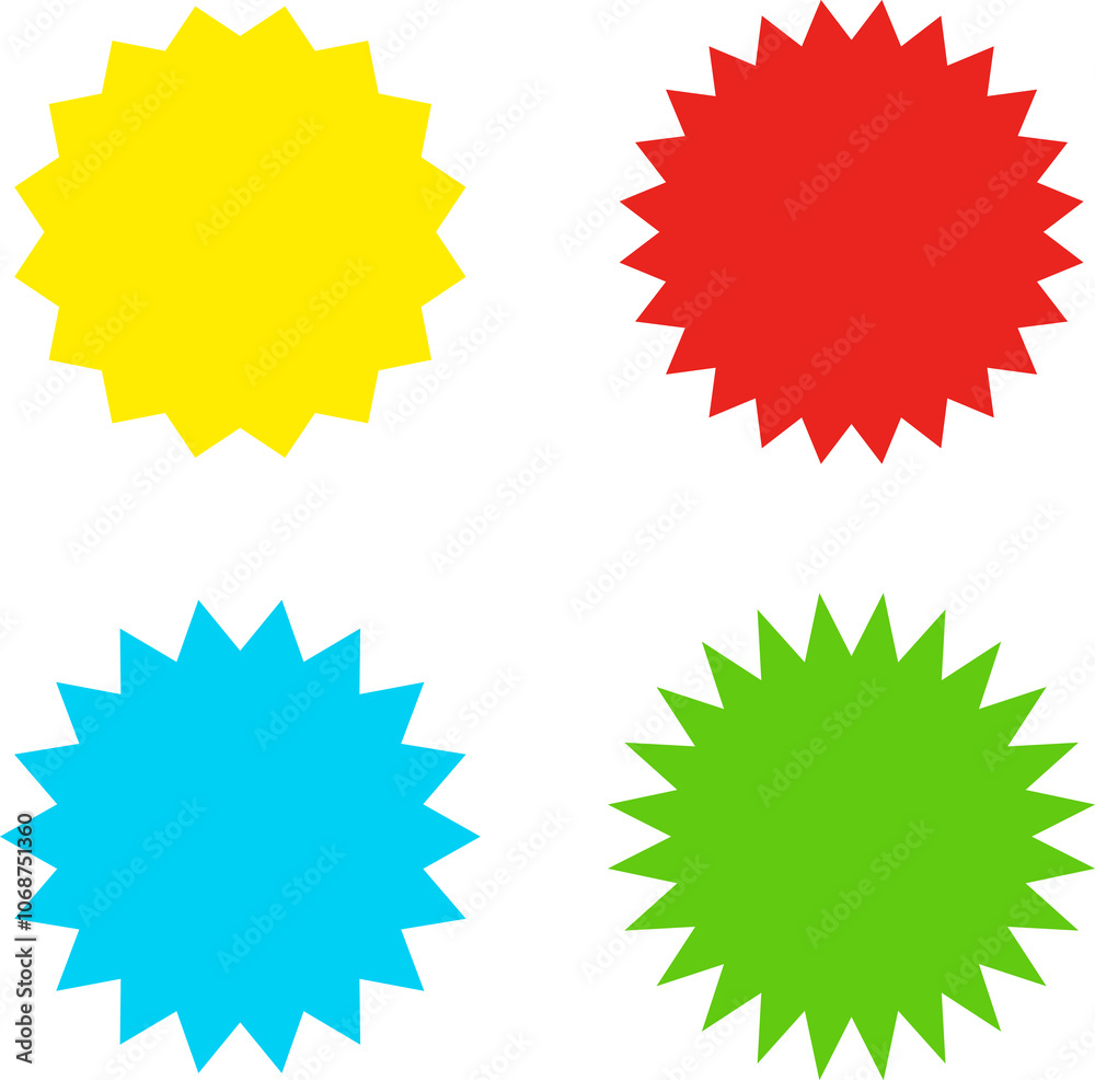Different color starburst sunburst badges shapes, sticker set. Collection of special offer sale oval and round shaped sunburst labels and badges. Promo stickers with star edges. Different color starburst sunburst badges shapes, sticker set. Collection of special offer sale oval and round shaped sunburst labels and badges. Promo stickers with star edges.
