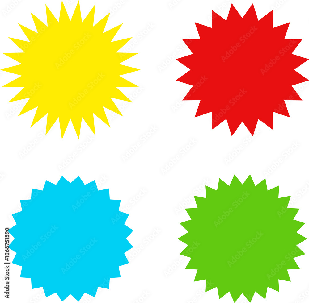 Different color starburst sunburst badges shapes, sticker set. Collection of special offer sale oval and round shaped sunburst labels and badges. Promo stickers with star edges. Different color starburst sunburst badges shapes, sticker set. Collection of special offer sale oval and round shaped sunburst labels and badges. Promo stickers with star edges.