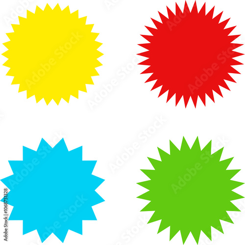 Different color starburst sunburst badges shapes, sticker set. Collection of special offer sale oval and round shaped sunburst labels and badges. Promo stickers with star edges. photo