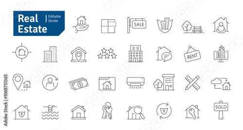 Real Estate Line Editable Stroke Icons Set. Building, Plan, Location, House, Home, Property, Rent, Bed, Key, Park, Window, Agent, Mortgage, Collection. Editable stroke. Vector Illustration.