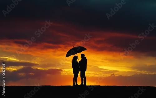 Silhouettes of a Couple Holding an Umbrella Against a Dramatic Sunset Sky photo