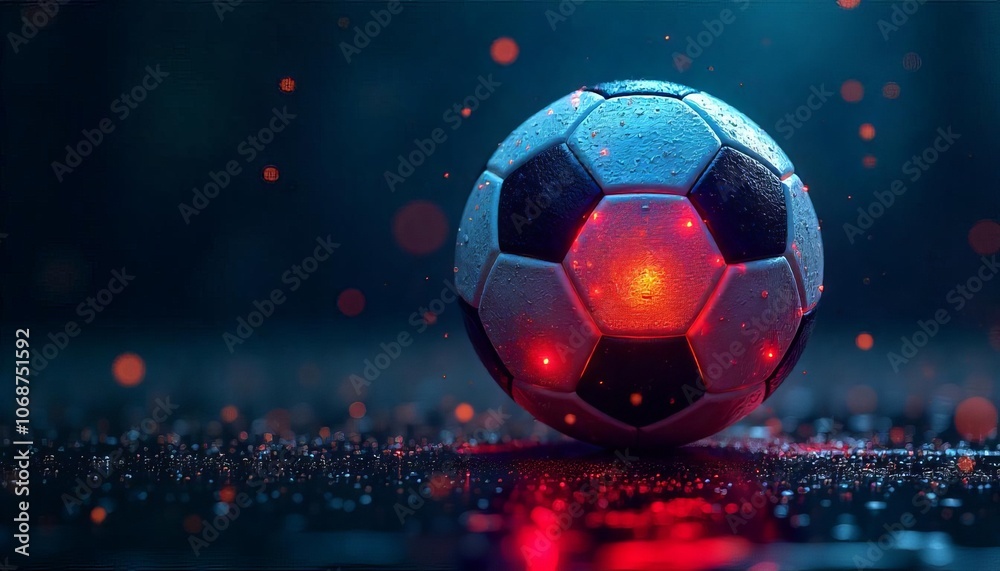 Fototapeta premium Soccer Ball in Vibrant Light Waves on Dark Background