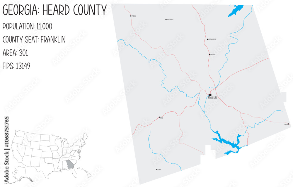 Large and detailed map of Heard County in Georgia, USA.
