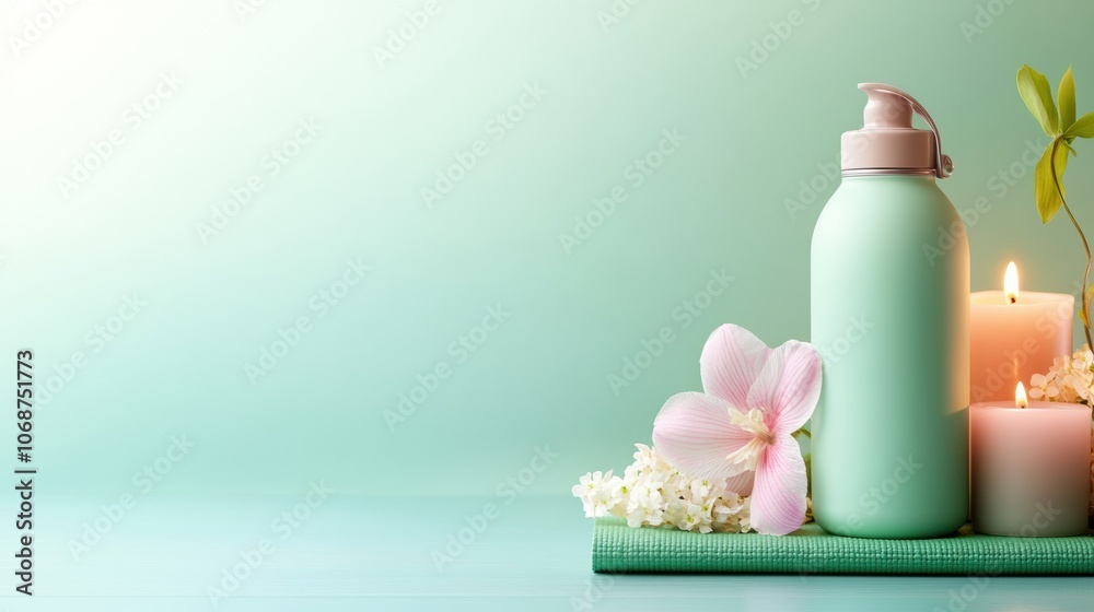 Elegant spa scene with a pastel green bottle, candles, and delicate flowers, AI Elegant spa scene with a pastel green bottle, candles, and delicate flowers, AI