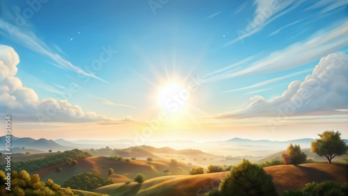 A Golden Sunrise over Rolling Hills with Lush Foliage and Hazy Mountains in the Distance