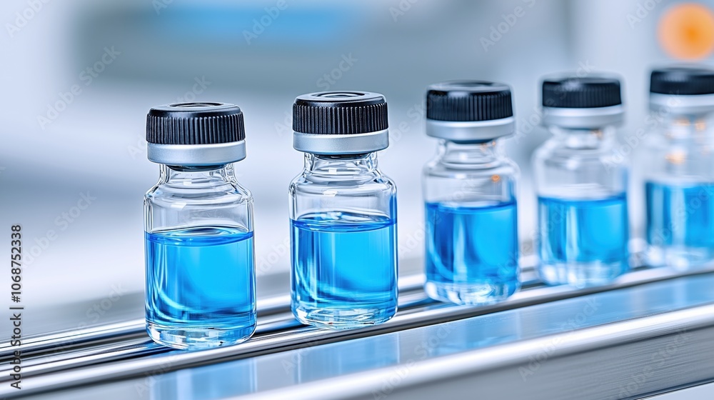 Rows of clear bottles with blue liquid moving along a conveyor belt in a clean, well-lit factory environment, showcasing efficient production processes. Rows of clear bottles with blue liquid moving along a conveyor belt in a clean, well-lit factory environment, showcasing efficient production processes.