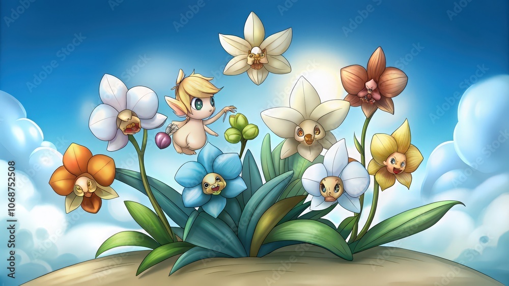 Obraz premium A Tiny Fairy Flying Among Anthropomorphic Orchid Flowers