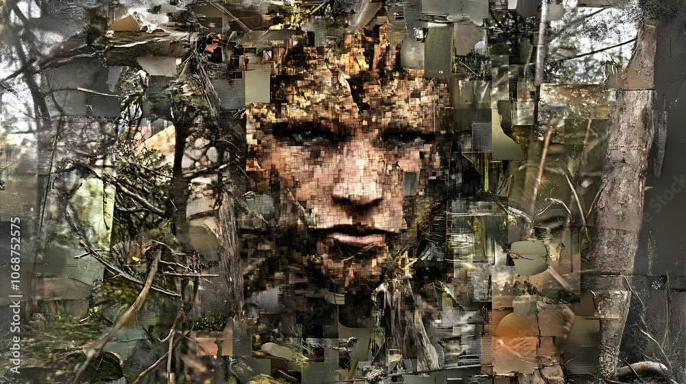 Fototapeta premium Abstract portrait of a person, made of nature elements, with an intense expression.